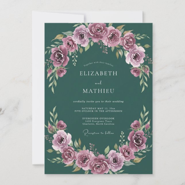 Convites Casamento Romântico e Sombrio Verde Esmeralda (Frente)