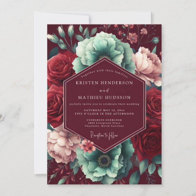 Convites Casamento Romântico e Temperamental Burgundy Bloom (Frente)