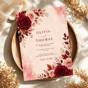 Convites Casamento Romântico Elegância em Aquarela Burgundy