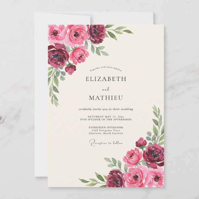 Convites Casamento Romântico Elegante Borgonha (Frente)