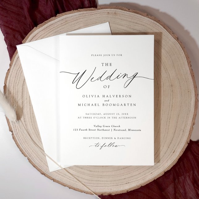 Convites Casamento Romântico Elegante Caligrafia Delicada (Delicate calligraphy adds a romantic touch to this modern minimalist wedding invitation.)