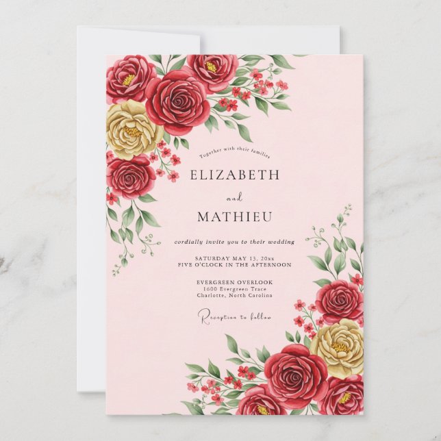 Convites Casamento Romântico Elegante Carmesim (Frente)