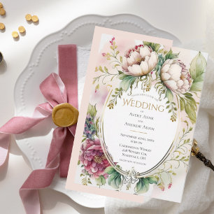 Convites Casamento Romântico Elegante com Rosa Esmaecido