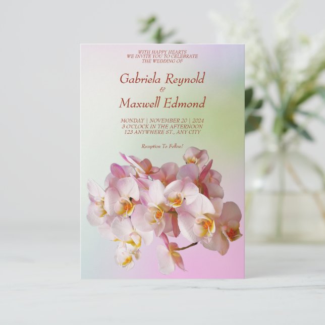 Convites Casamento Romântico Elegante Rosa White Orchids (Em pé/Frente)