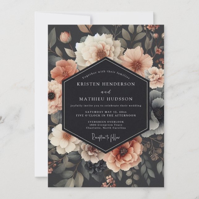 Convites Casamento Romântico em Flor Charcoal (Frente)