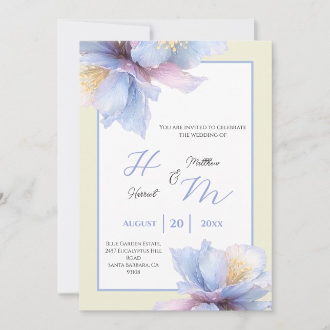 Convites Casamento Romântico em Jardim com Azul Poeirento e (Frente)