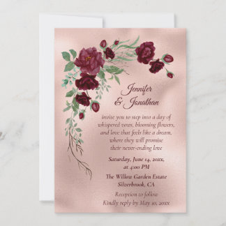 Convites Casamento Romântico em Rosa Dourado Floral Persona