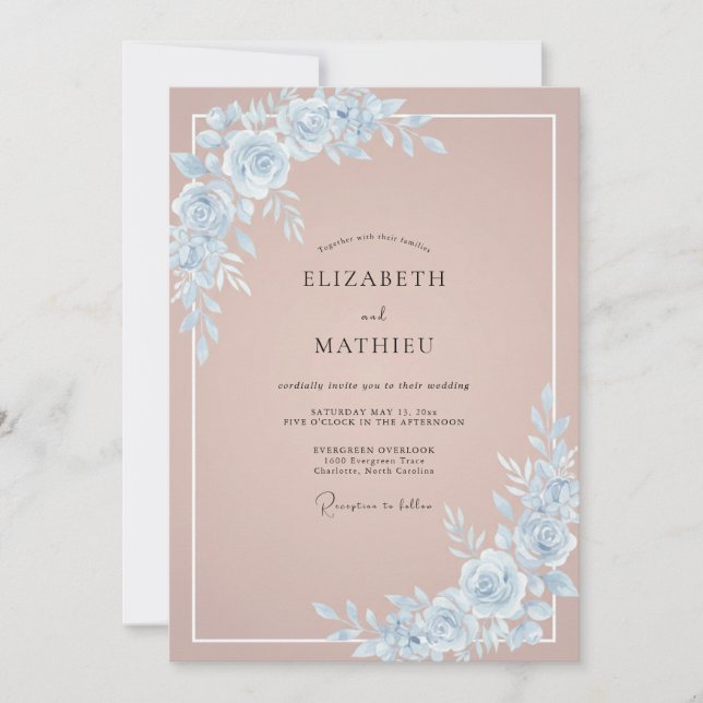 Convites Casamento Romântico em Rosa Empoeirado Azul (Frente)