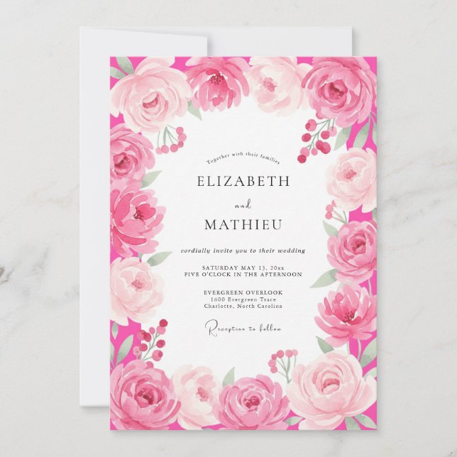 Convites Casamento Romântico em Rosa Quente Florido (Frente)