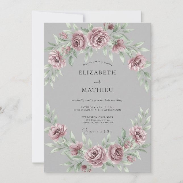 Convites Casamento Romântico em Tons de Cinza e Rosa Malva  (Frente)