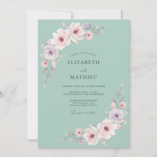 Convites Casamento Romântico em Verde Menta com Aquarela (Frente)