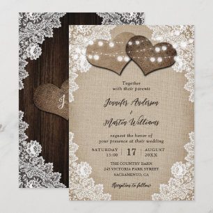 Convites Casamento Romântico entre Burlap e Lace String Li