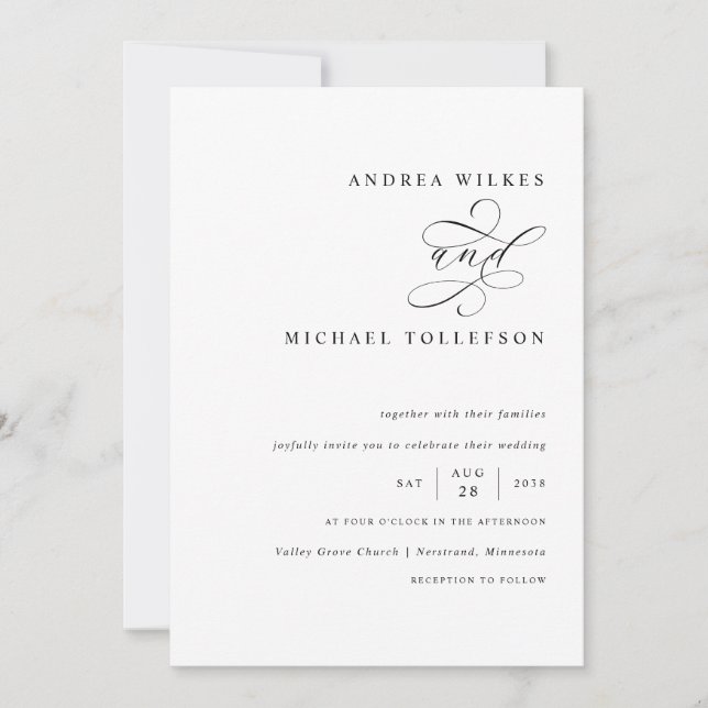 Convites Casamento romântico entre caligrafia negra e branc (Frente)