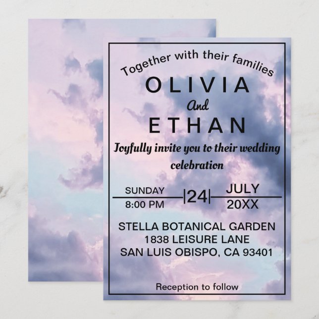 Convites Casamento romântico entre nuvens de céu azul legan (Frente/Verso)