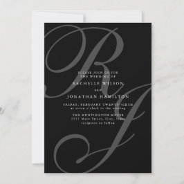 Convites Casamento romântico entre preto e branco e monogra