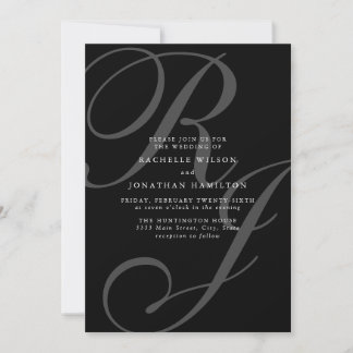 Convites Casamento romântico entre preto e branco e monogra