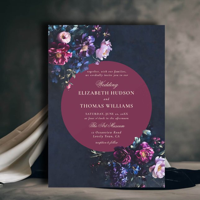 Convites Casamento Romântico Escuro - Florestas Jewel Burgu (dark moody romantic wedding invitation gothic florals jewel tones burgundy black emerald romance)