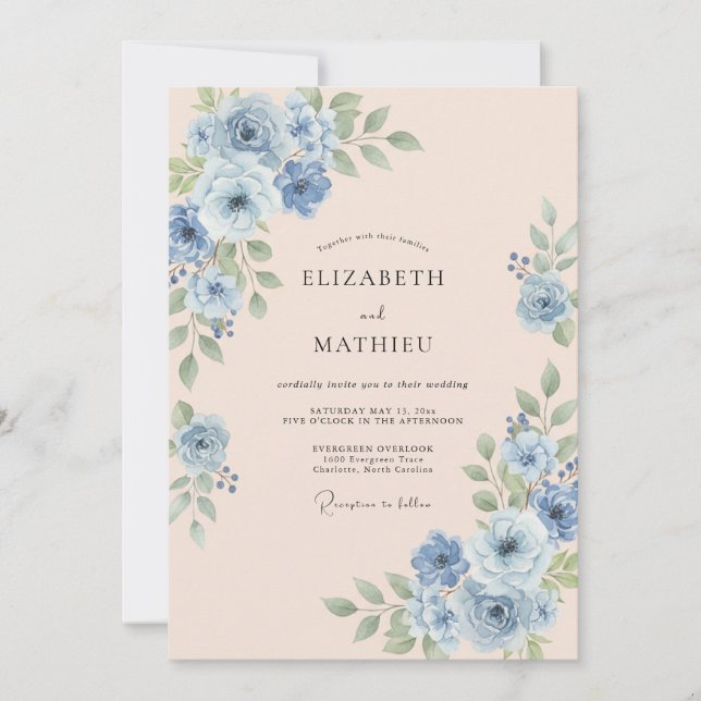 Convites Casamento Romântico Esplêndido Azul Céu (Frente)
