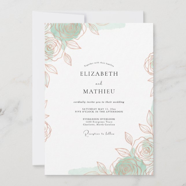 Convites Casamento Romântico Etéreo Verde Menta (Frente)