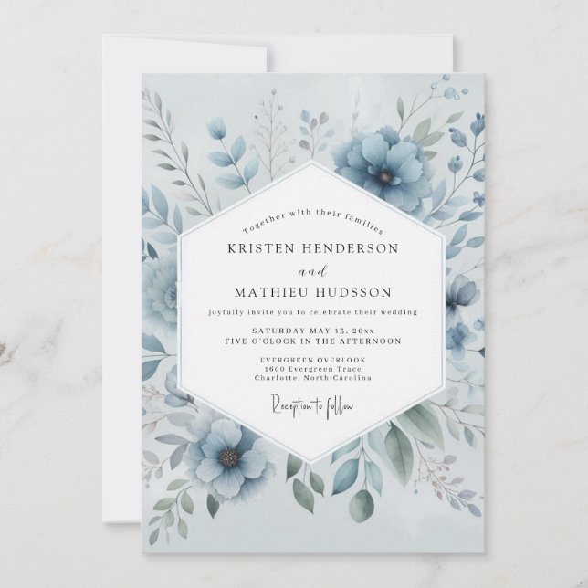 Convites Casamento Romântico Flor Azul (Frente)