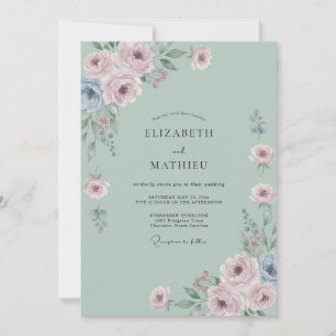 Convites Casamento Romântico Flor de Azul Empoeirado