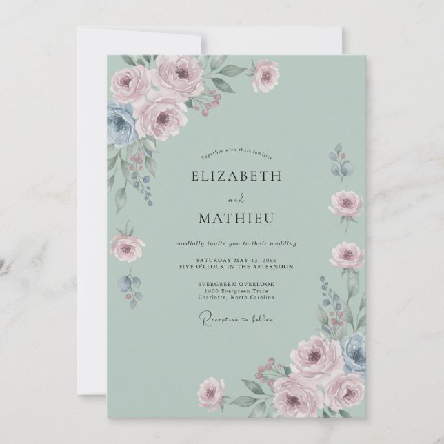Convites Casamento Romântico Flor de Azul Empoeirado (Frente)