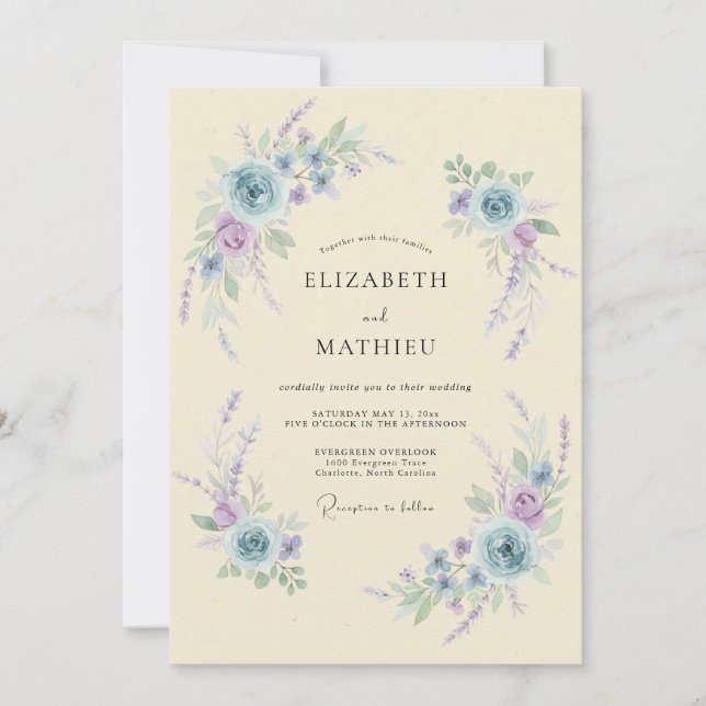 Convites Casamento Romântico Flor de Azul Pálido (Frente)