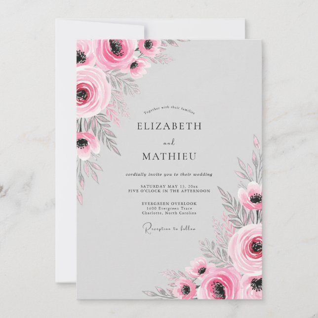 Convites Casamento Romântico Flor de Bloom Rosa Suave (Frente)