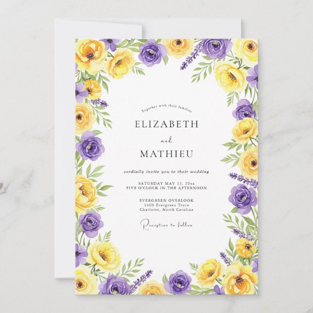 Convites Casamento Romântico Flor de Lilás e Amarelo (Frente)