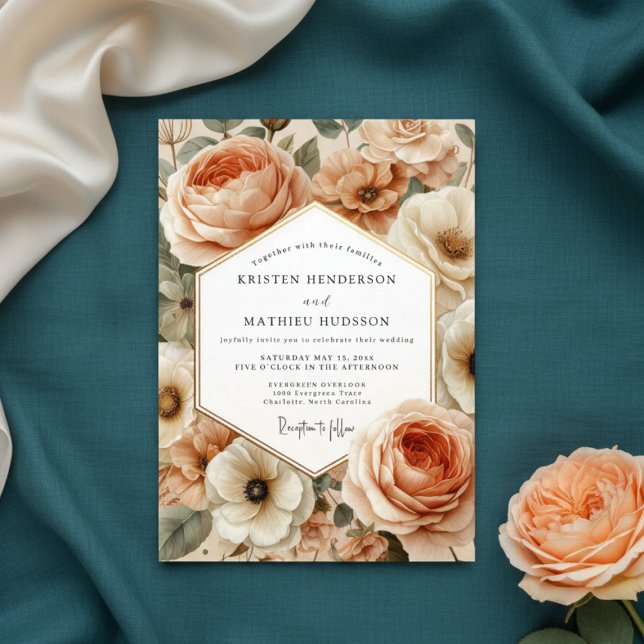 Convites Casamento Romântico Flor de Pêssego (Criador carregado)