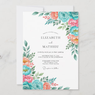 Convites Casamento Romântico Flor de Pêssego Azul