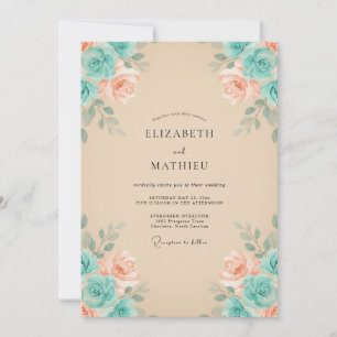 Convites Casamento Romântico Flor de Pêssego Azul-Celeste