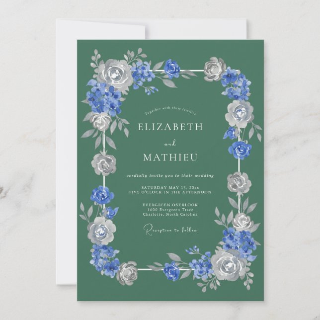 Convites Casamento Romântico Flor de Prata Azul (Frente)