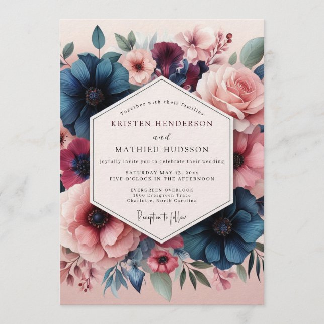Convites Casamento Romântico Flor de Slate Blush (Frente)