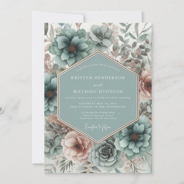 Convites Casamento Romântico Flor de Turquesa (Frente)