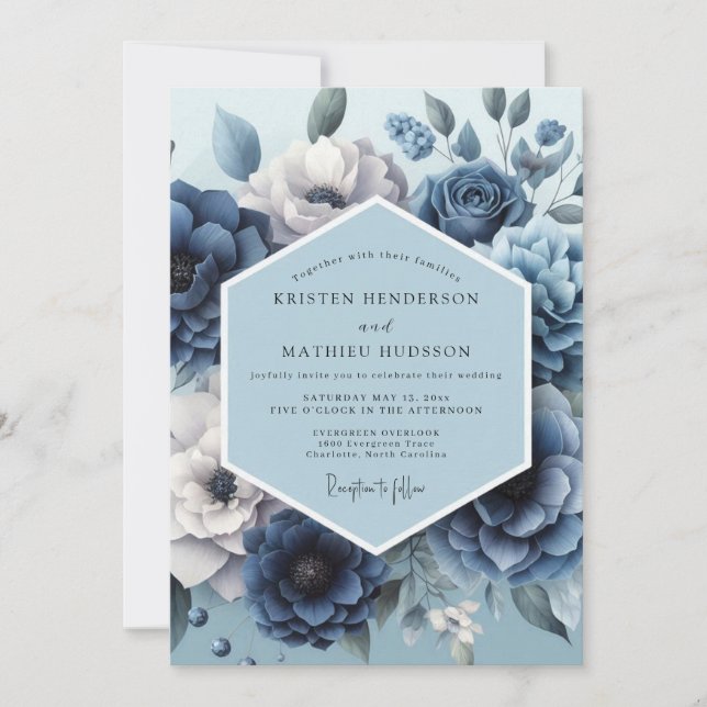Convites Casamento Romântico Flora Azul Empoeirado (Frente)