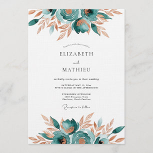 Convites Casamento Romântico Floral Abstrato em Verde Azul