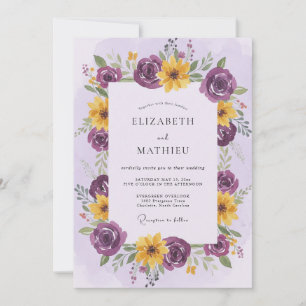 Convites Casamento Romântico Floral Amarelo Ameixa