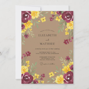 Convites Casamento Romântico Floral Amarelo Borgonha
