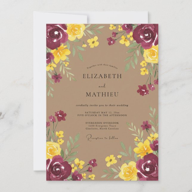 Convites Casamento Romântico Floral Amarelo Borgonha (Frente)