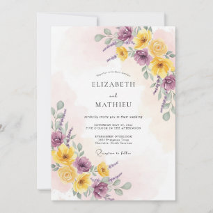Convites Casamento Romântico Floral Amarelo Roxo