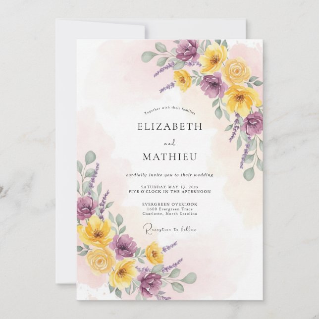 Convites Casamento Romântico Floral Amarelo Roxo (Frente)