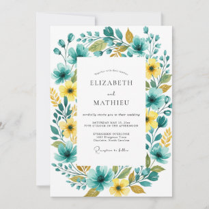 Convites Casamento Romântico Floral Amarelo Turquesa