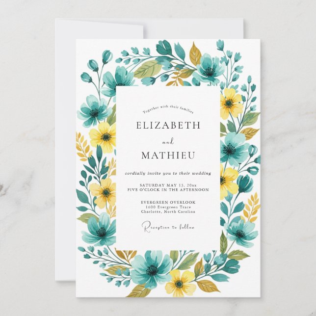 Convites Casamento Romântico Floral Amarelo Turquesa (Frente)