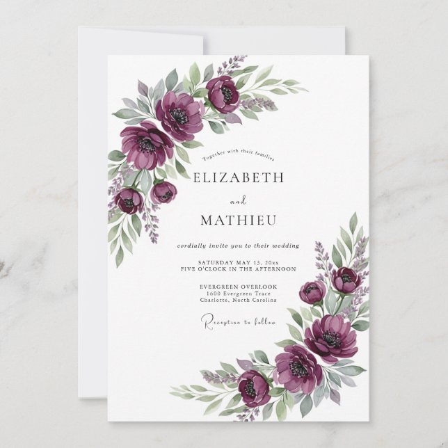 Convites Casamento Romântico Floral Ameixa (Frente)