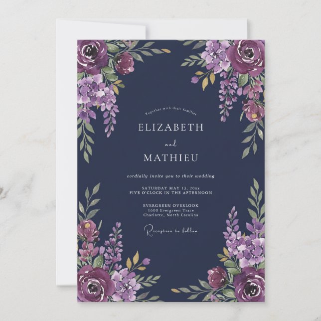 Convites Casamento Romântico Floral Ameixa Profunda (Frente)
