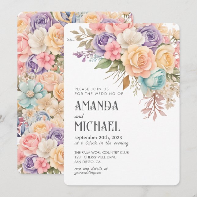 Convites Casamento Romântico Floral Arco-íris Pastel (Frente/Verso)