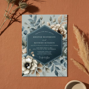 Convites Casamento Romântico Floral Azul Ardósia