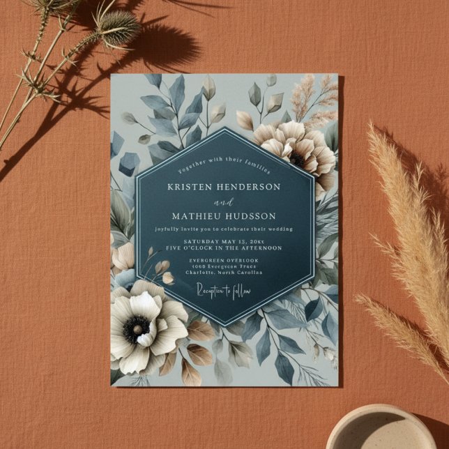 Convites Casamento Romântico Floral Azul Ardósia (Criador carregado)