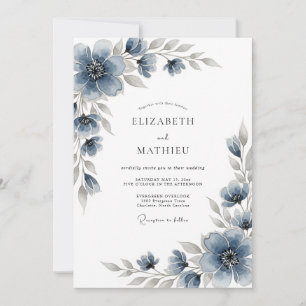Convites Casamento Romântico Floral Azul Ardósia